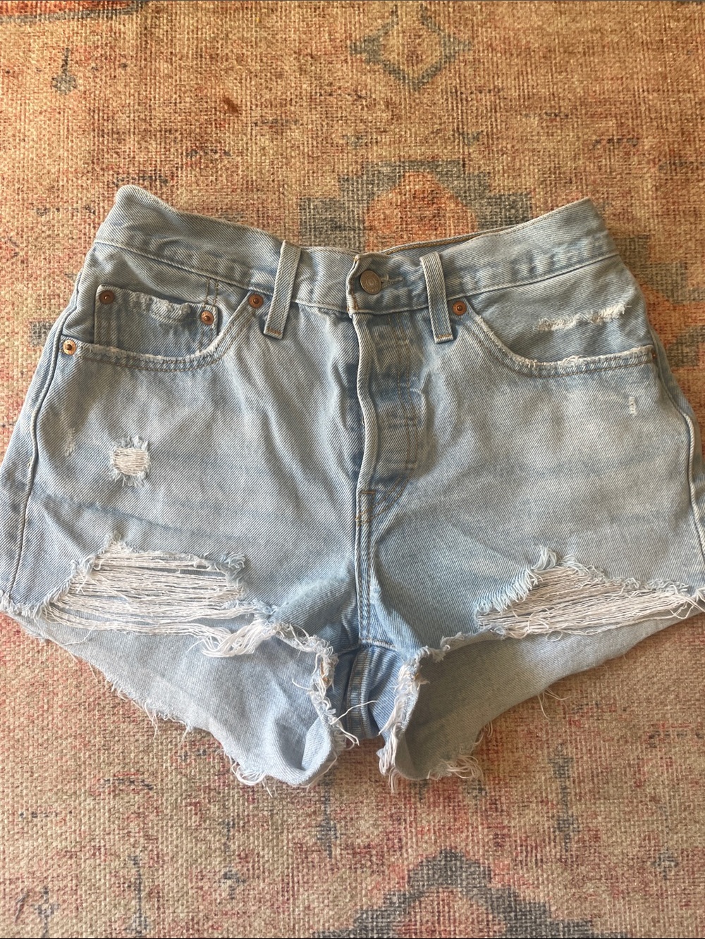 Levi's 501 Light Blue Distressed High-Rise Denim Shorts